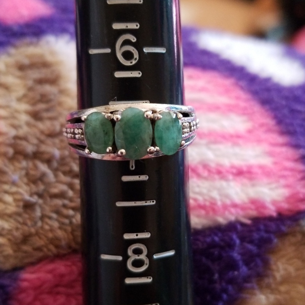 Sterling Silver 3 stone Emerald Ring size 7
